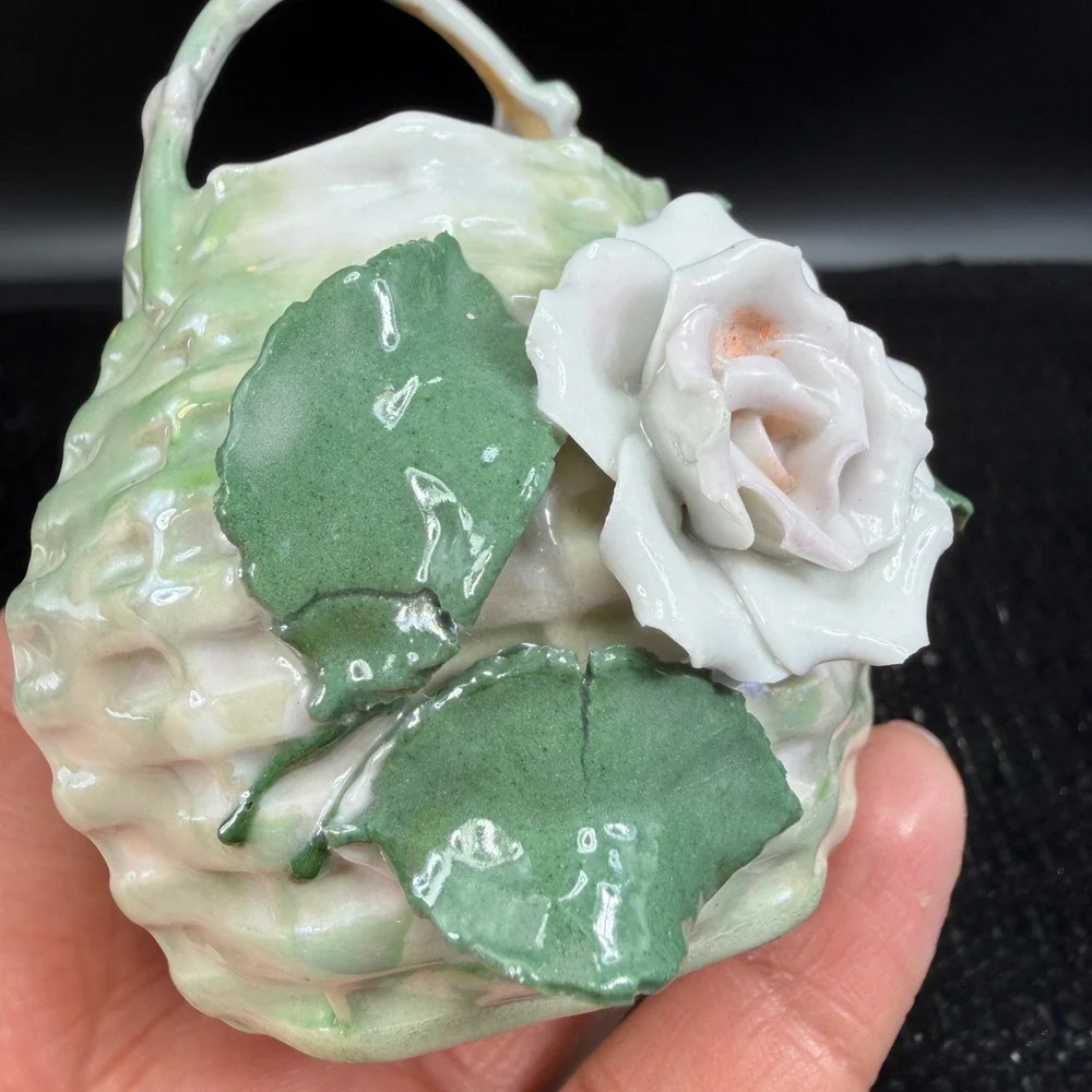 Vintage Germany Miniature Porcelain Flower Basket White Rose Figurine Delicate‎